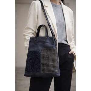 Artisan Patchwork Tote Bag – Navy Suede & Tweed Panel‎ Crossbody Handle Bag